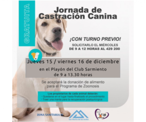 Jornadas de castración canina: el Quirófano Móvil se instalará en el playón del Club Sarmiento el 15 y 16 de diciembre
