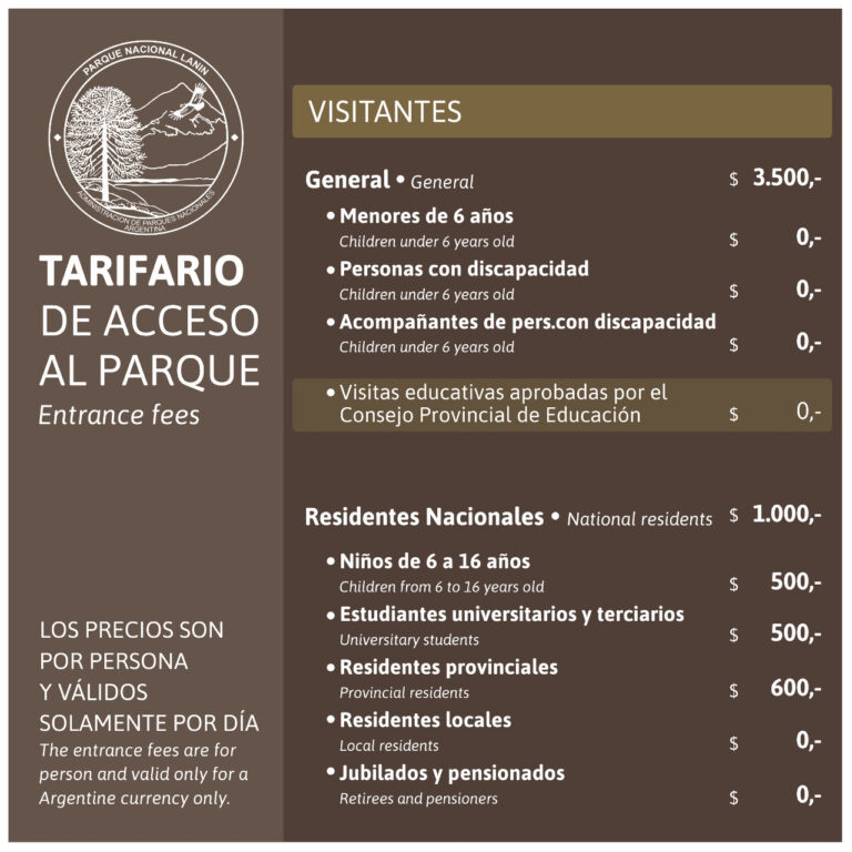 Tarifario vigente desde el 1 de enero 2023 para cobros de acceso del Parque Nacional Lanín