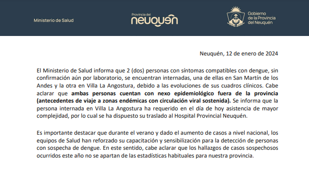 Salud informó sobre dos casos sospechosos de dengue