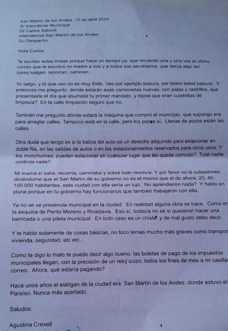 «Mi mamá si salía, recorría, caminaba y sobre todo resolvía…» indicó Agustina Crexell en una carta dirigida al intendente