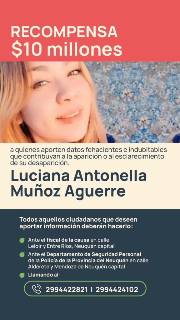 Aumentan a 10 millones la recompensa para quienes aporten datos sobre Luciana Antonella Muñoz Aguerre