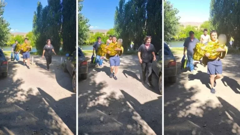 Dramático rescate de un nene y un joven agarrados a las ramas de un árbol para que no se los lleve el río Chimehuin