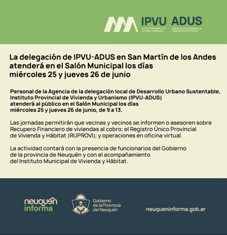 La delegación de IPVU-ADUS en San Martín de los Andes atenderá en el salón municipal los días miércoles 25 y jueves 26 de junio